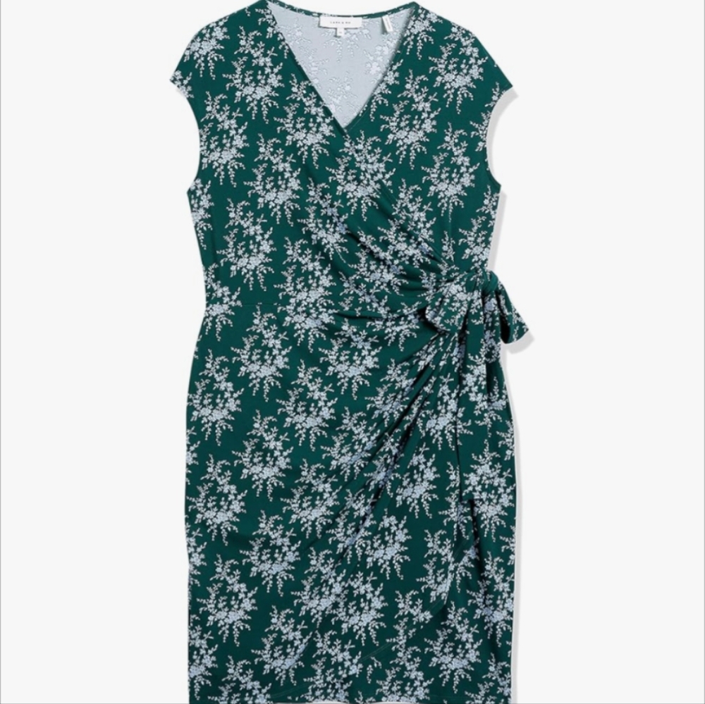 Lark & Ro Green and Blue Asymmetrical Sheath Dress V-neck Tie Front
